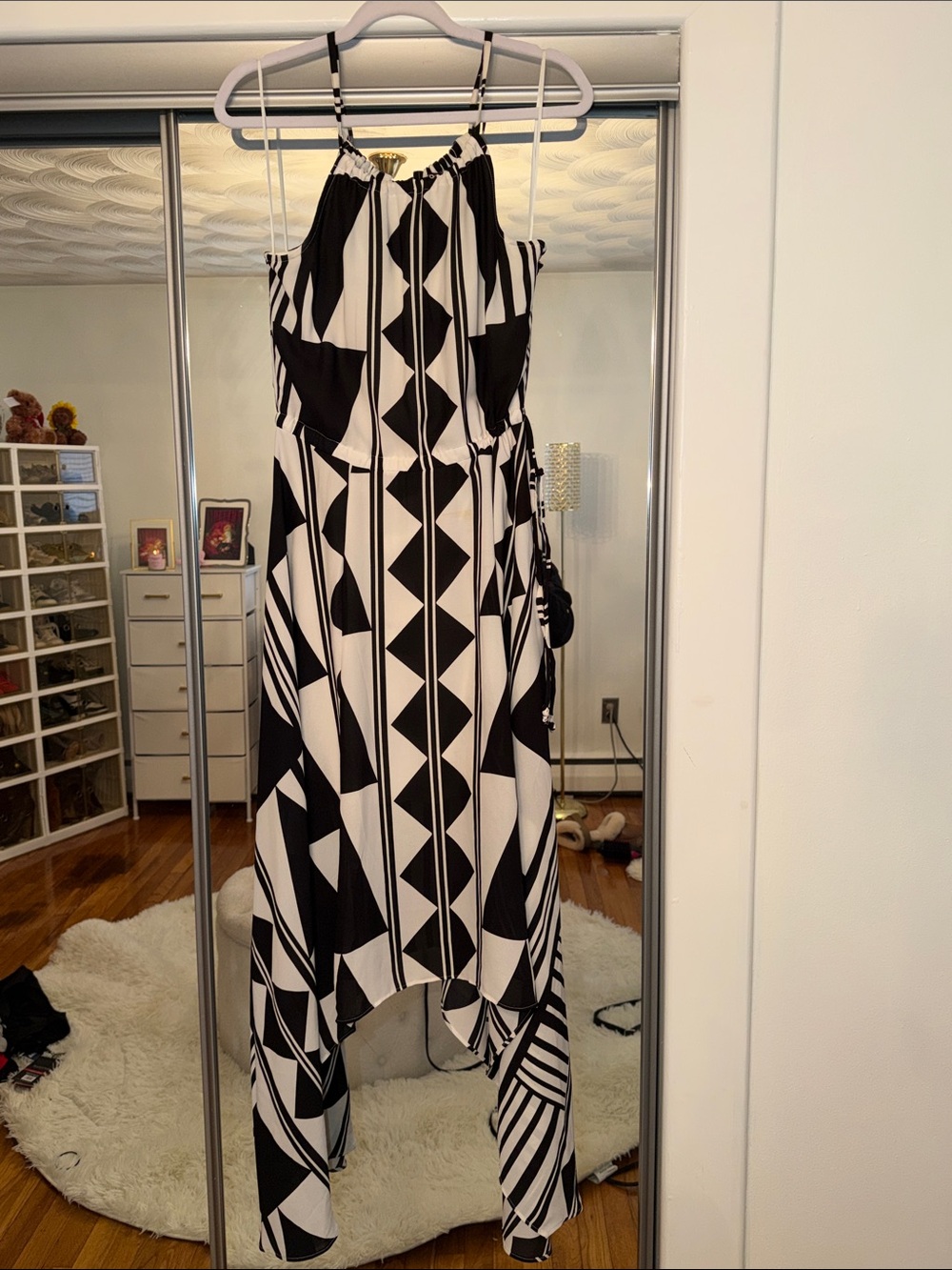 Express Black & White Geometric High-Low Halter Dress